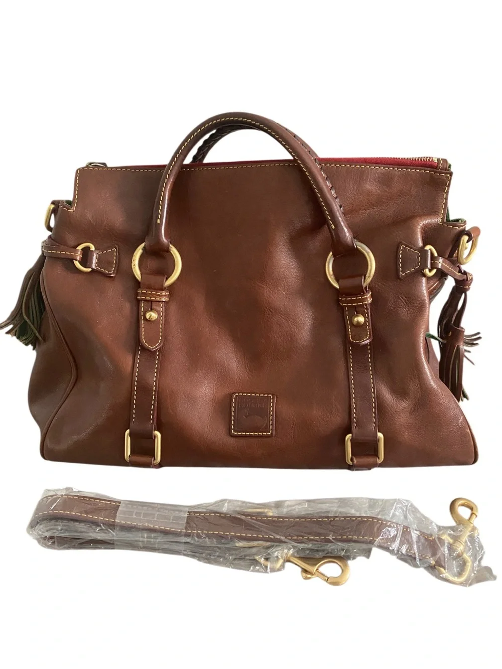 Dooney & Bourke Brown Leather Satchel with Gold Hardware and Tassel